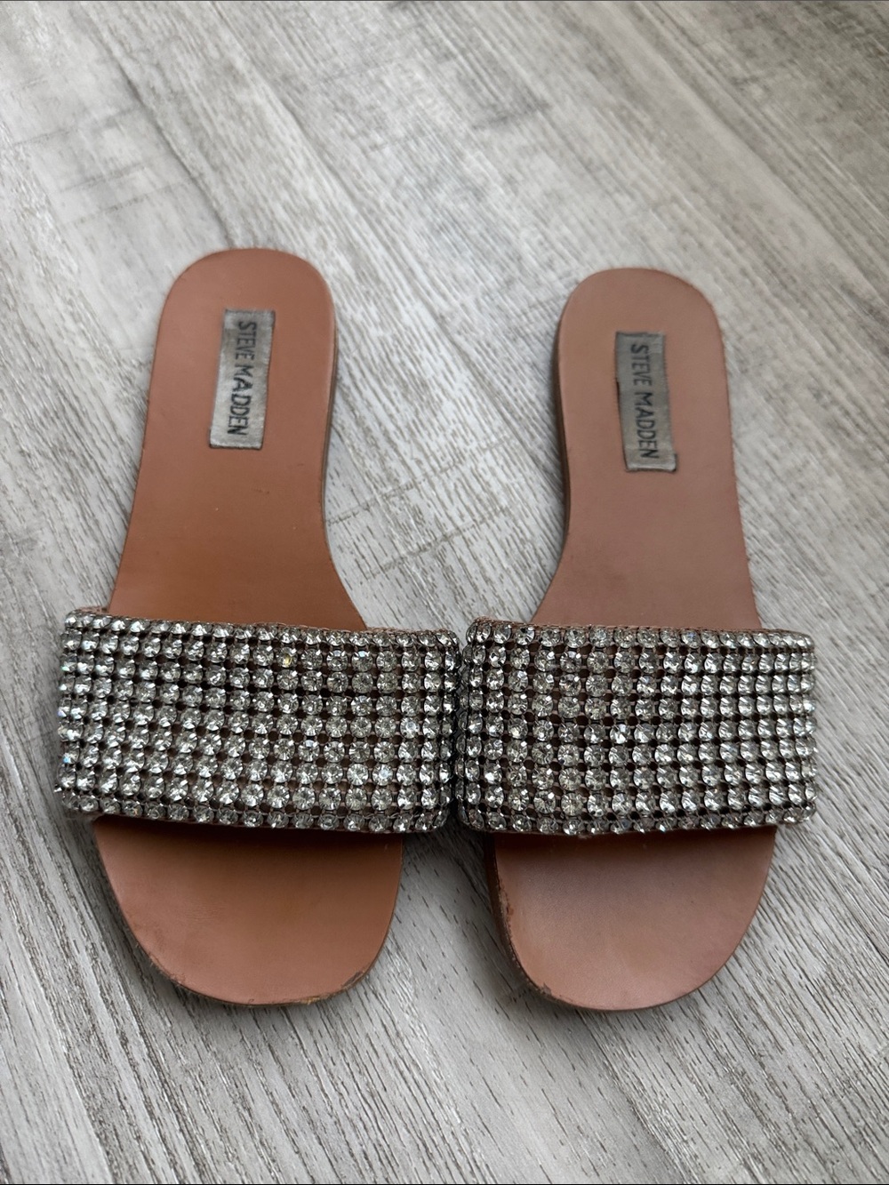 Steve Madden Crystal Rhinestone Slide Sandals in Brown and Silver